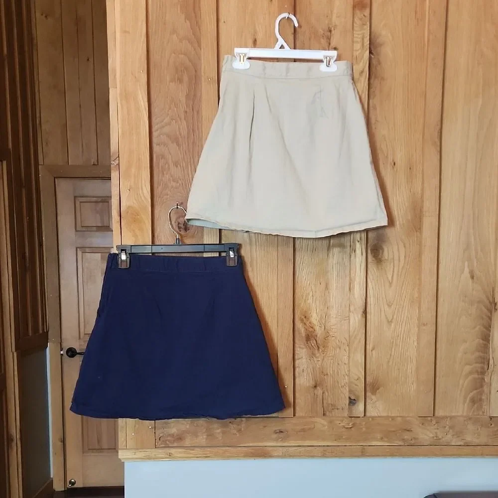 Children's Place Cotton Uniform Pleated Above Knee Skorts, 14 SLIM, Blue & Tan